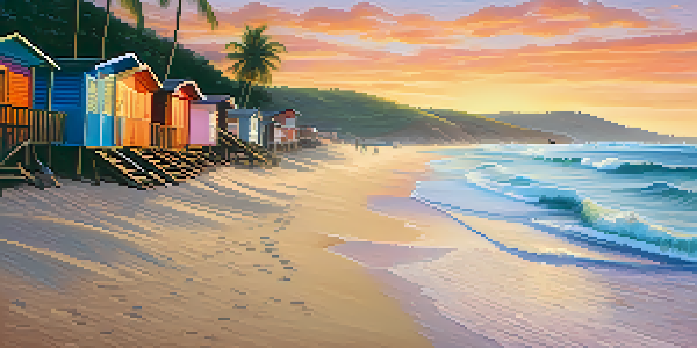 A picturesque sunset view of Praia do Norte beach with gentle waves and surfboards on the sand, surrounded by palm trees and colorful beach shacks.