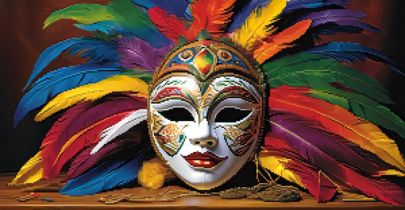 A close-up of a handcrafted carnival mask with feathers and vibrant paint, displayed against colorful fabrics and craft tools, illuminated by warm light.