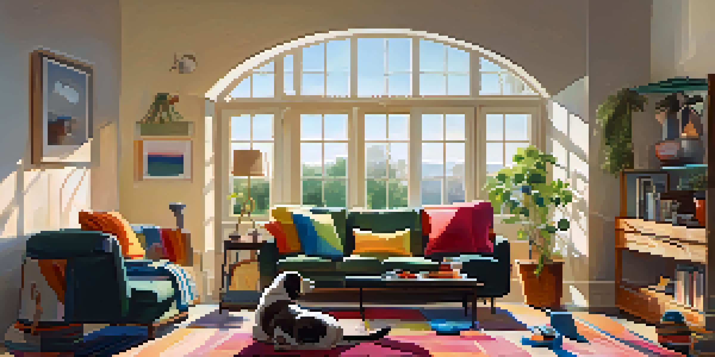 A bright and inviting living room with a dog resting comfortably on a rug, surrounded by cushions and pet toys.