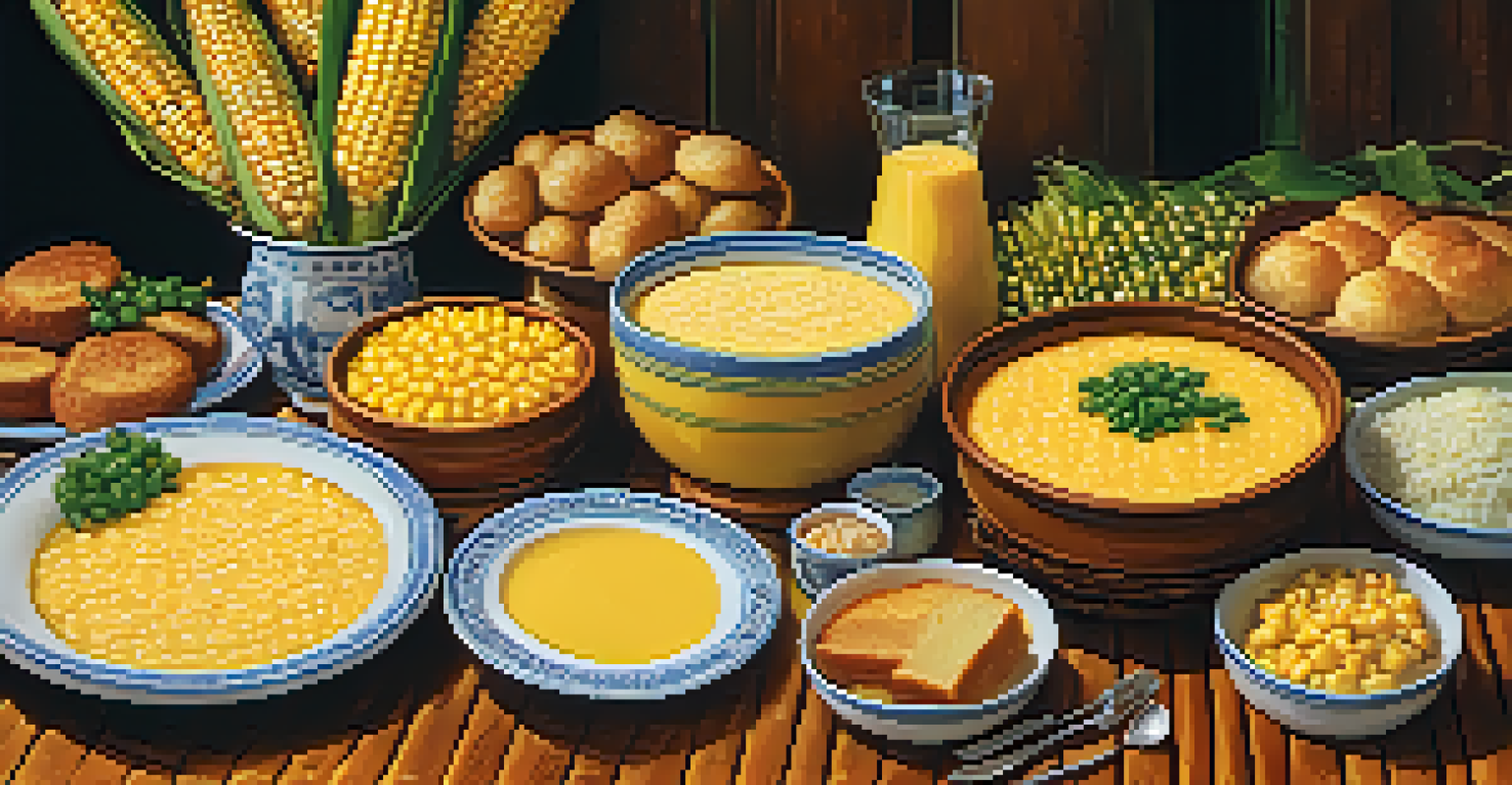 A detailed view of a table featuring traditional foods from the São João Festival, showcasing dishes like pamonha and canjica in a warm, inviting setting.