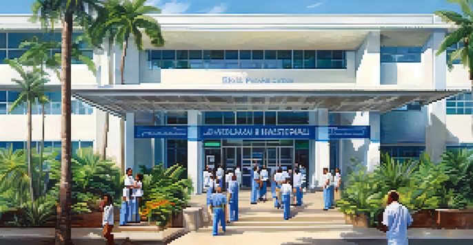A busy Brazilian public hospital with people outside and lush greenery around.