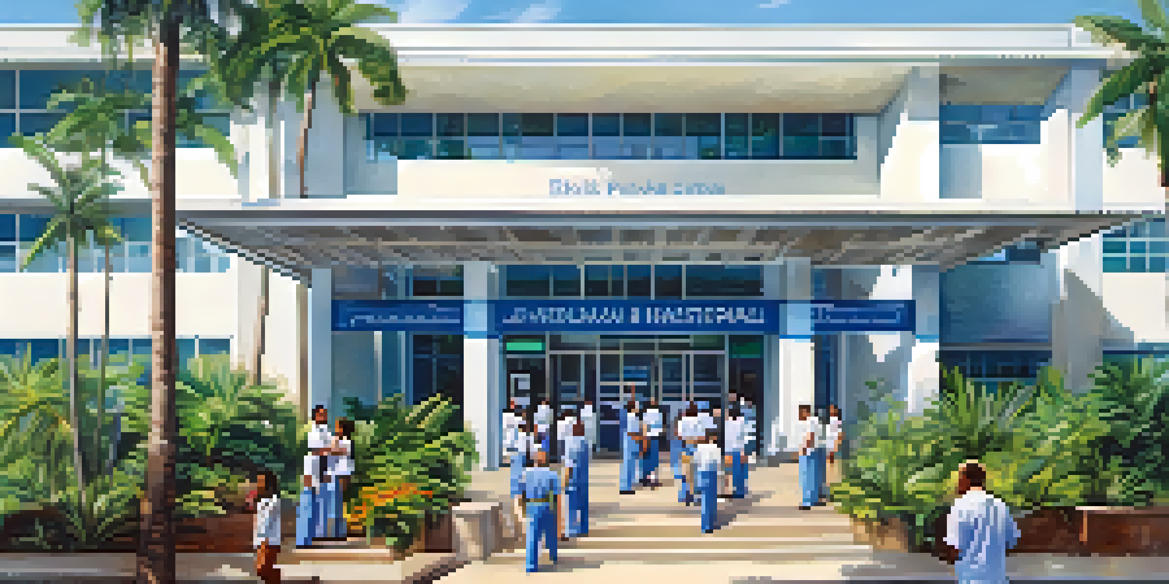 A busy Brazilian public hospital with people outside and lush greenery around.