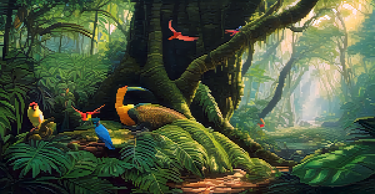 A tranquil Amazon rainforest scene featuring mythical creatures like the Mapinguari, with sunlight filtering through the trees and highlighting the lush vegetation.