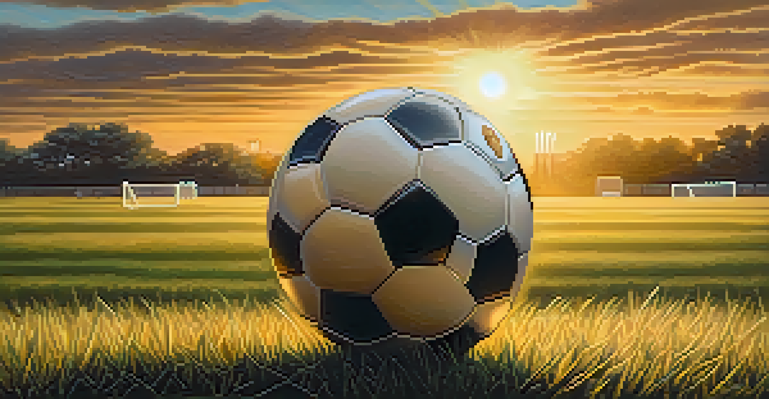 A close-up of a classic football on a grassy field at sunset, symbolizing the history of football in Brazil.