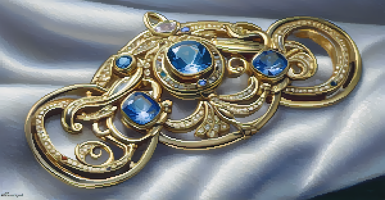 A detailed close-up of a unique piece of Brazilian jewelry showcasing gold, silver, and colorful gemstones.