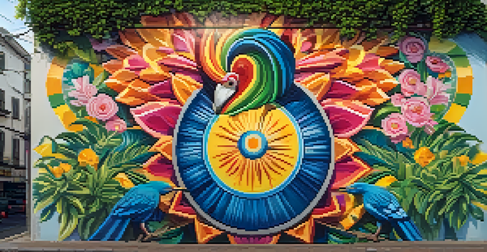 A colorful mural featuring a whimsical character and floral designs on a city wall in São Paulo, illuminated by sunlight.