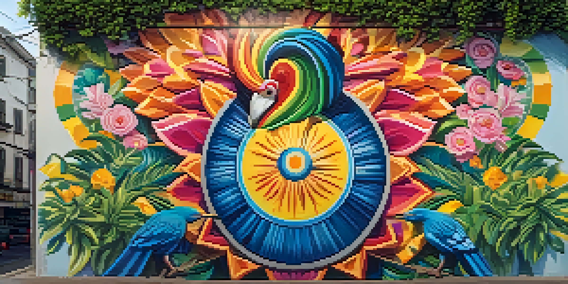A colorful mural featuring a whimsical character and floral designs on a city wall in São Paulo, illuminated by sunlight.