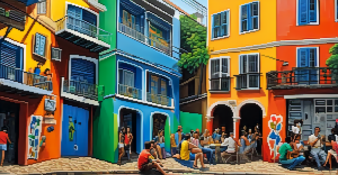 A colorful alleyway filled with street art and musicians playing bossa nova in Rio de Janeiro.