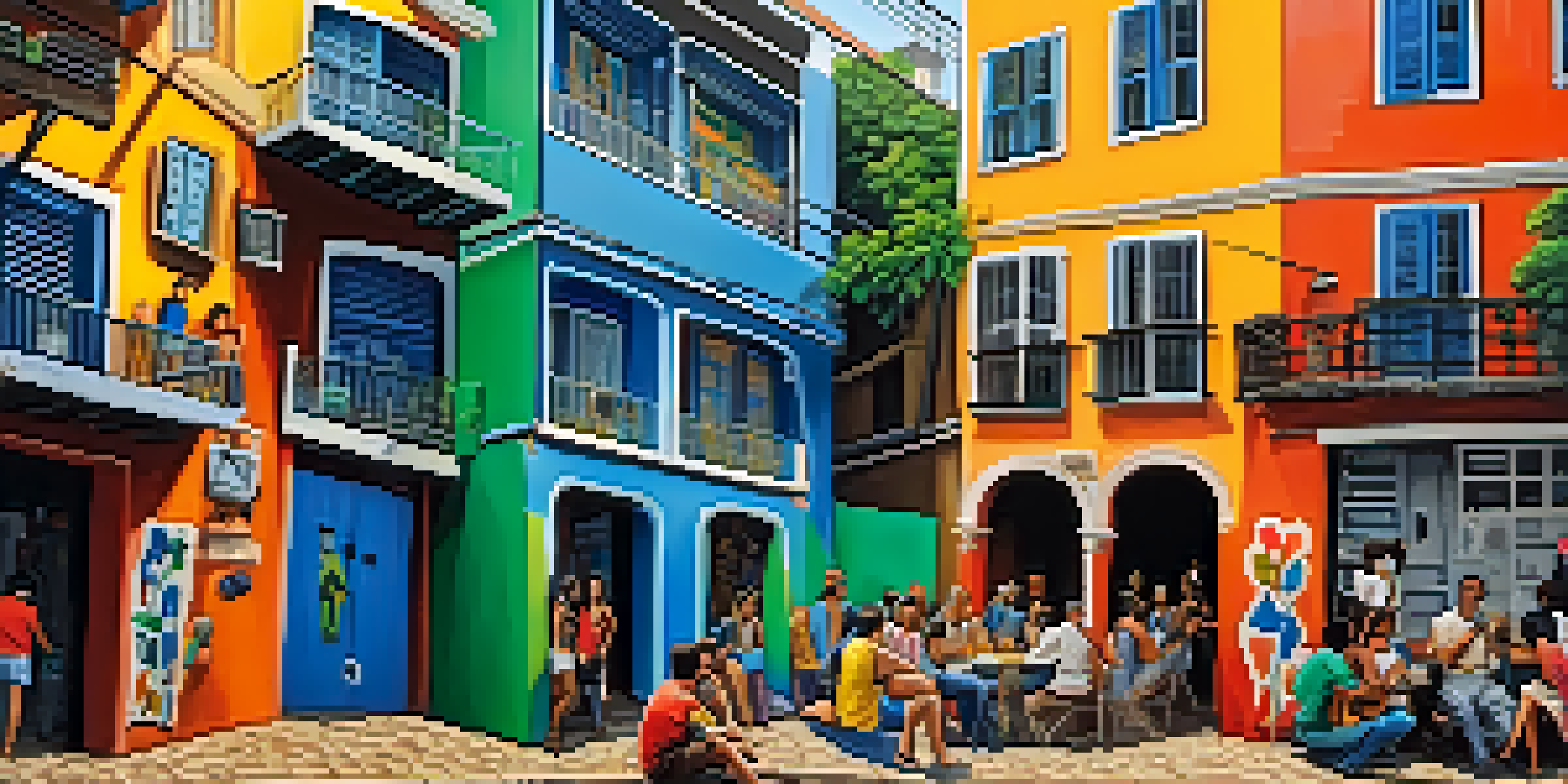 A colorful alleyway filled with street art and musicians playing bossa nova in Rio de Janeiro.