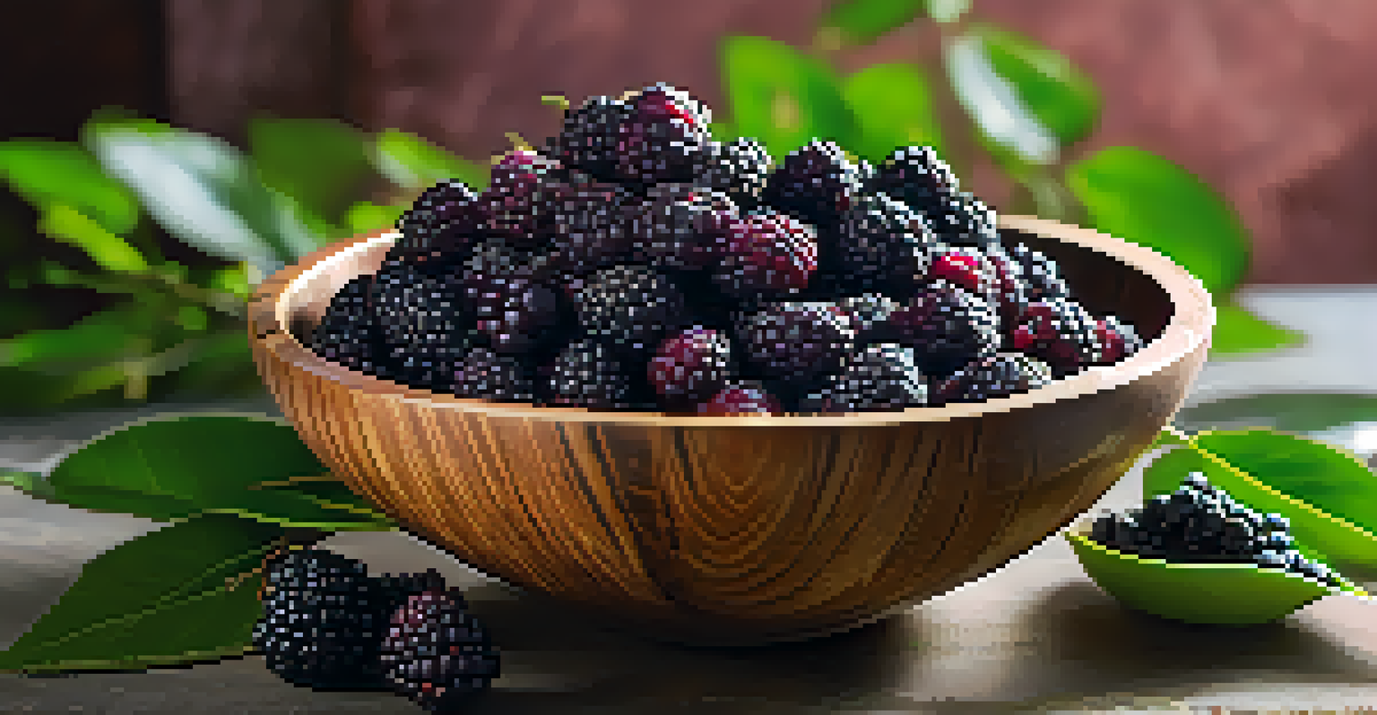 A close-up of Açaí berries in a wooden bowl, surrounded by green leaves and other herbs, showcasing their rich purple color and freshness.