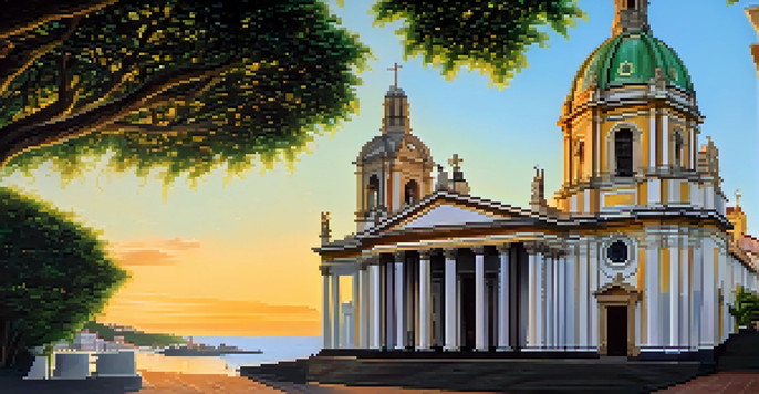 A view of the São Francisco Church featuring detailed Baroque architecture, surrounded by greenery under warm golden hour light.