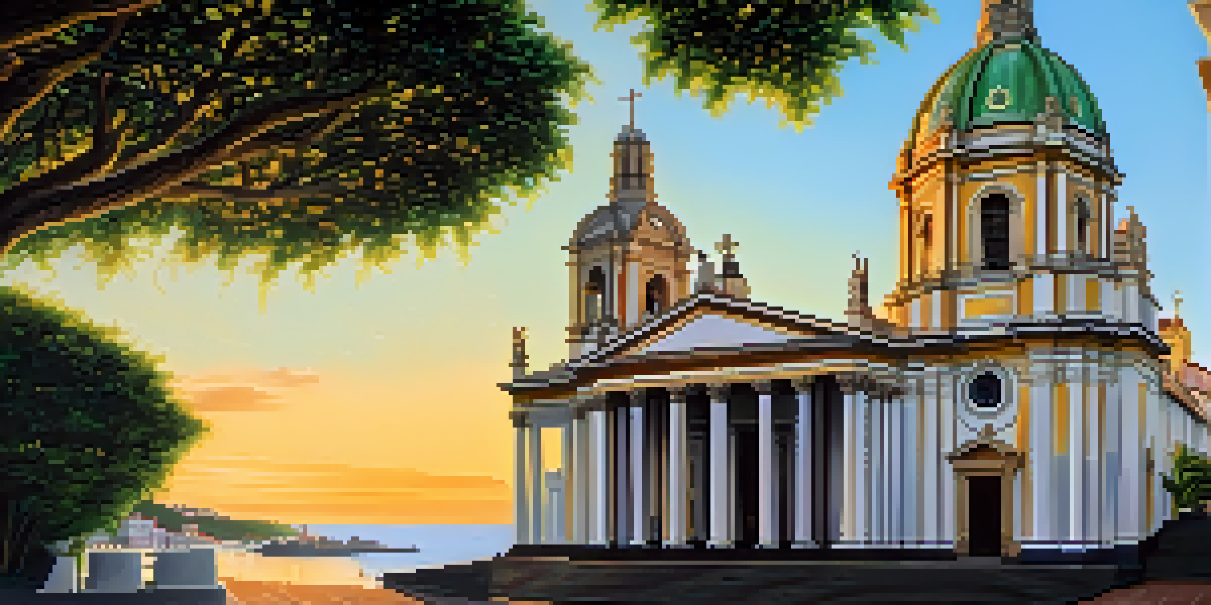 A view of the São Francisco Church featuring detailed Baroque architecture, surrounded by greenery under warm golden hour light.