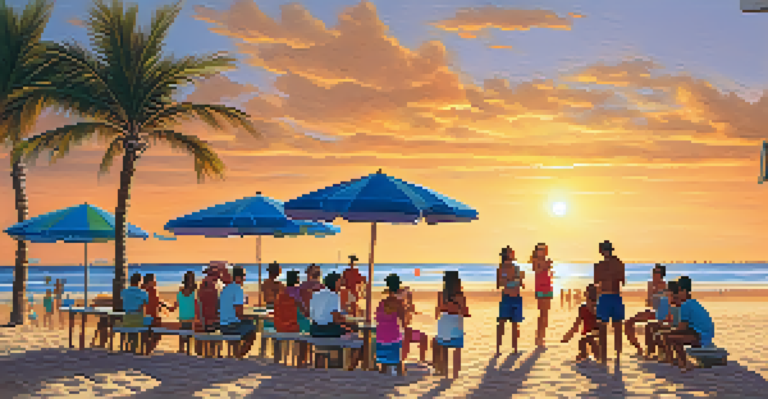 A beautiful beach in Fortaleza with a beach volleyball game taking place, surrounded by cheering spectators and a sunset over the ocean.