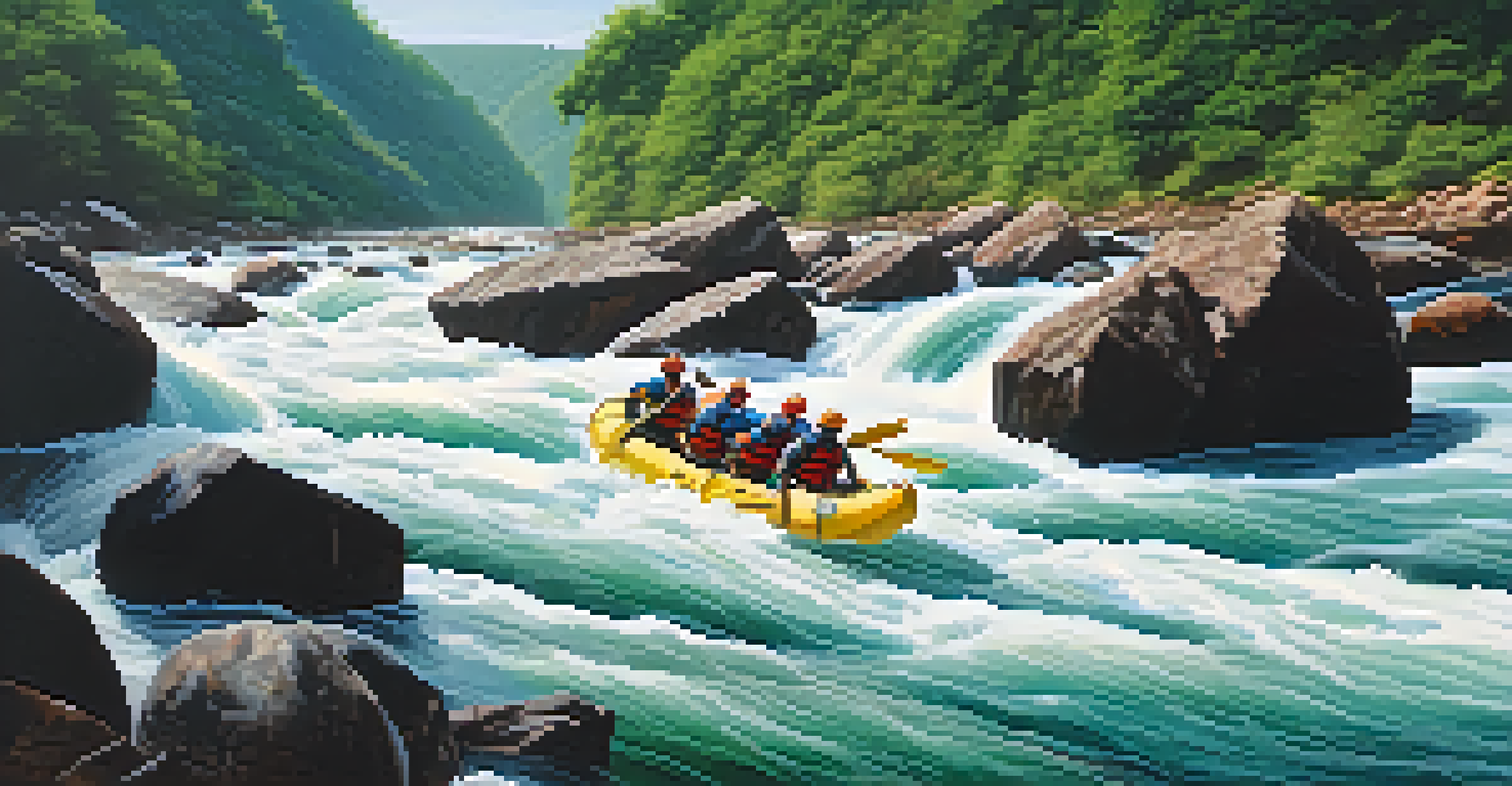 Rafters navigating the powerful rapids of the Rio Grande do Sul, with steep cliffs and lush valleys in the background.