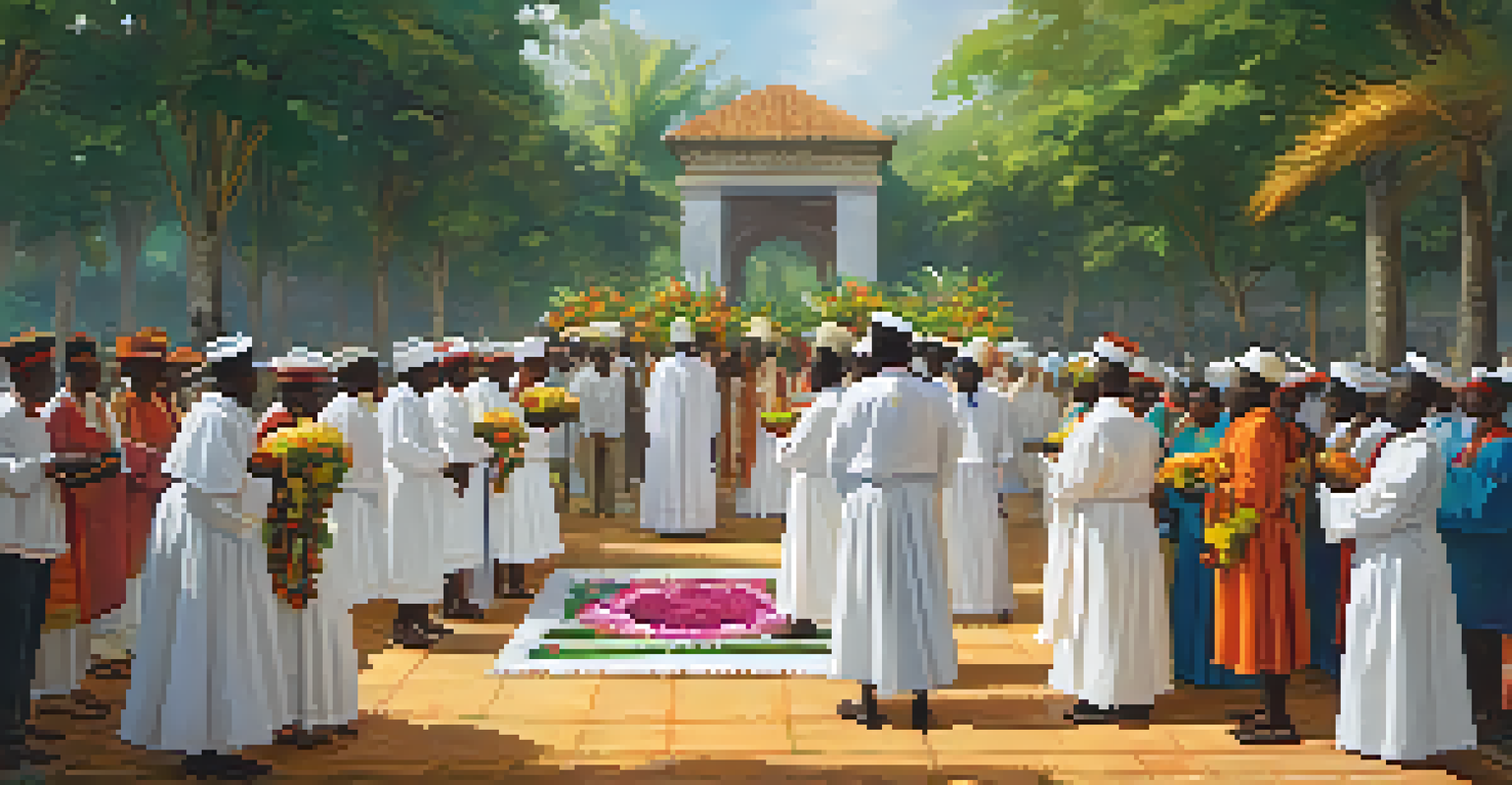 A Candomblé ceremony in a lush outdoor setting with participants in white garments and colorful offerings.