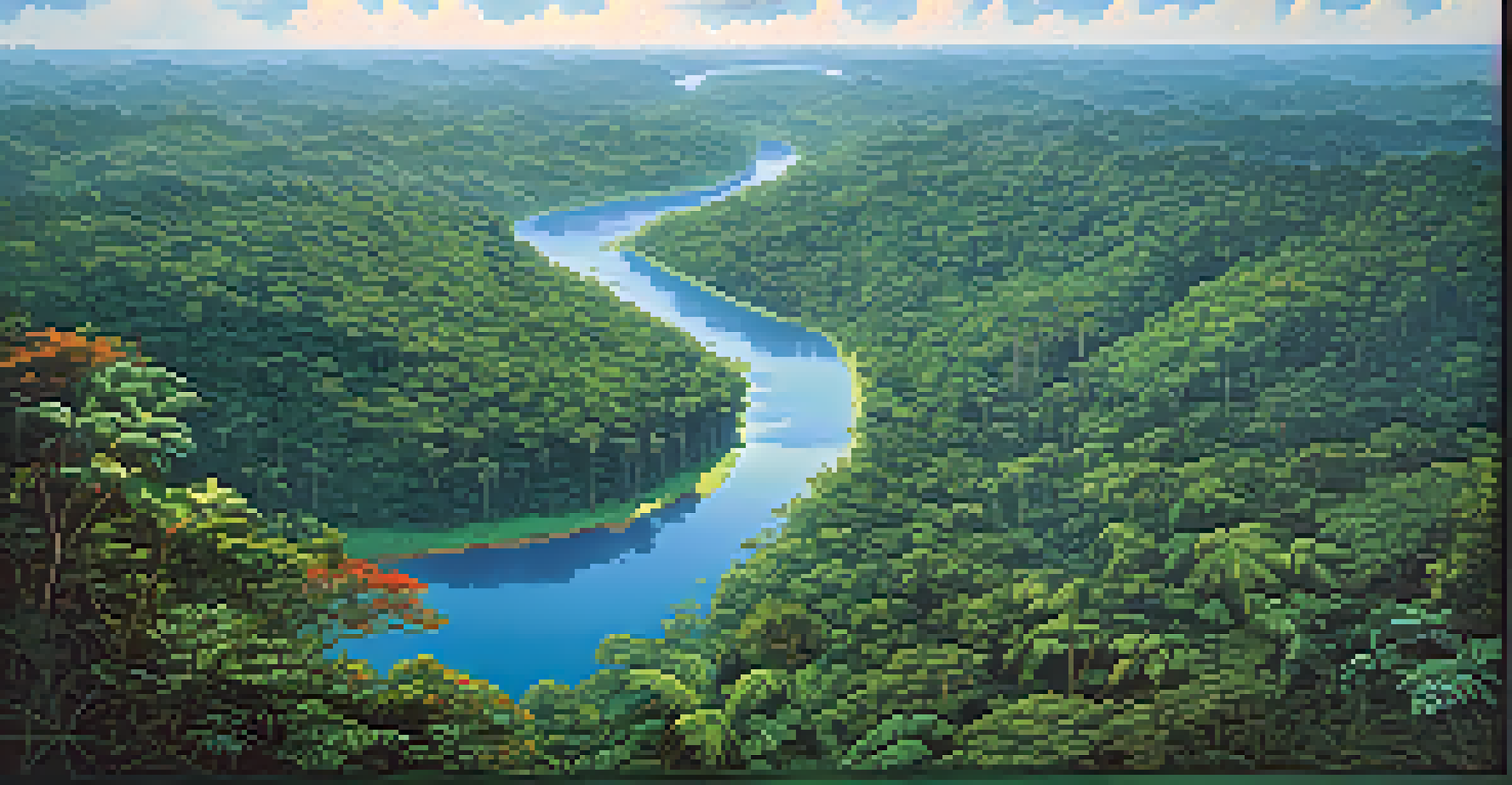 Aerial view of the lush Amazon rainforest with winding rivers and vibrant greenery under sunlight.