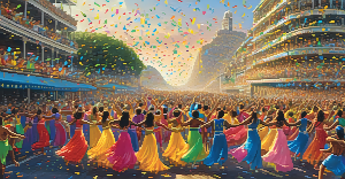 A lively Carnaval parade in Rio de Janeiro with dancers in colorful costumes and confetti in the air.