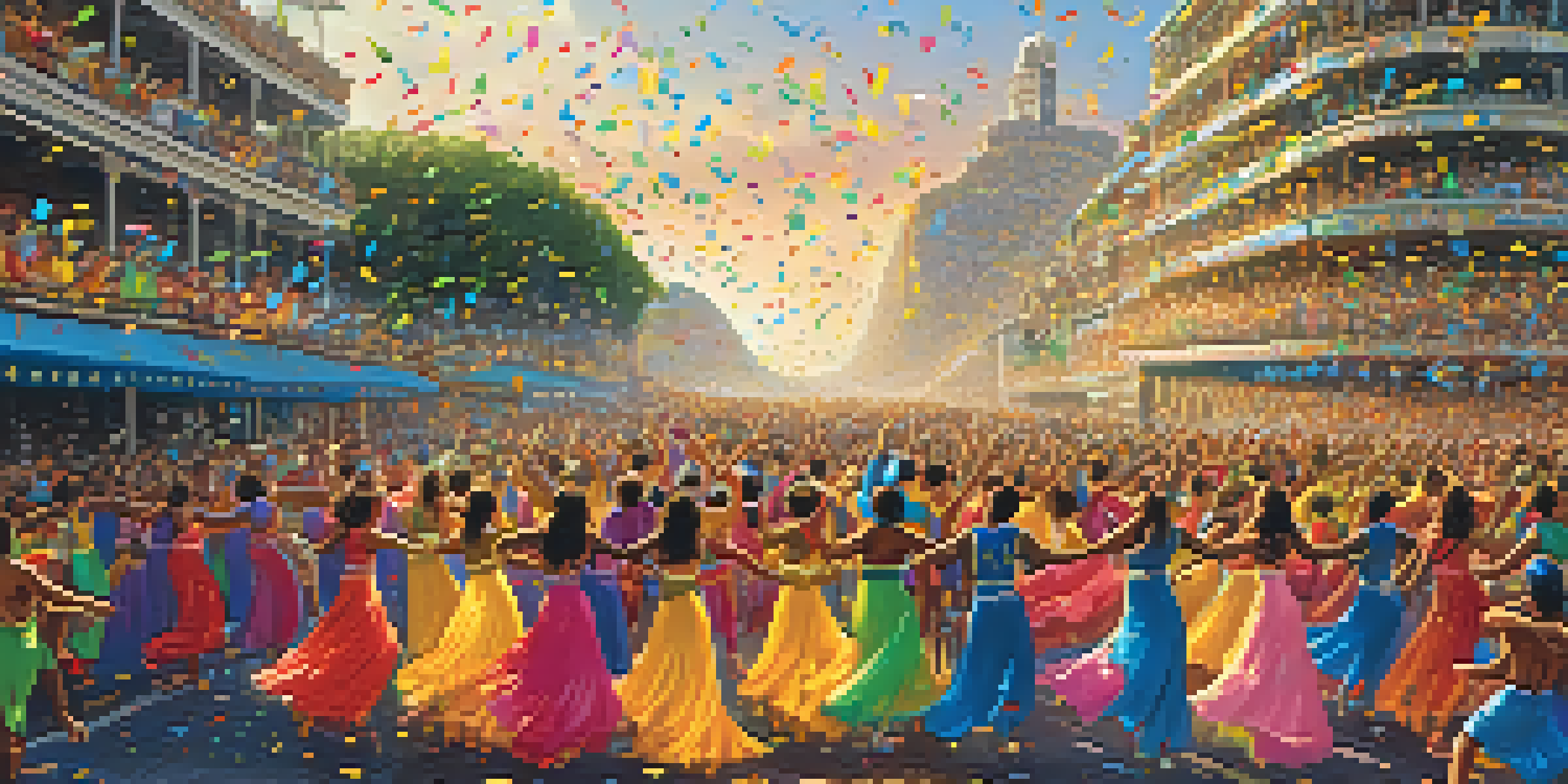 A lively Carnaval parade in Rio de Janeiro with dancers in colorful costumes and confetti in the air.