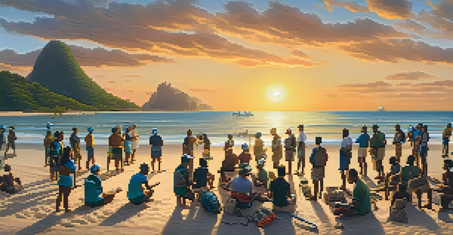 A beach workshop on marine conservation with diverse participants discussing and learning about marine life, with a sunset in the background.