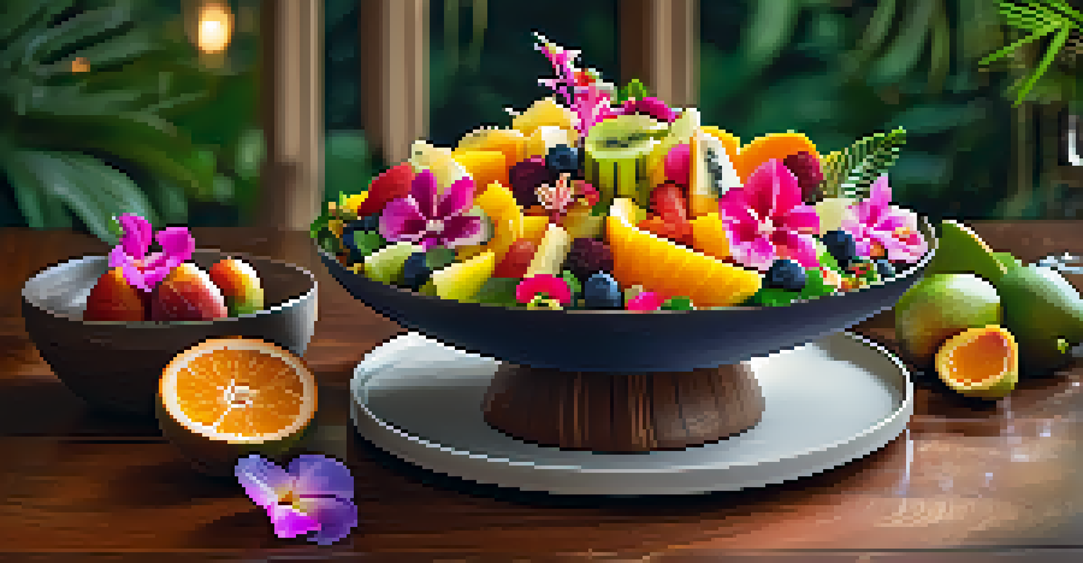 A colorful gourmet tropical fruit salad served on a wooden table, garnished with edible flowers and surrounded by greenery.