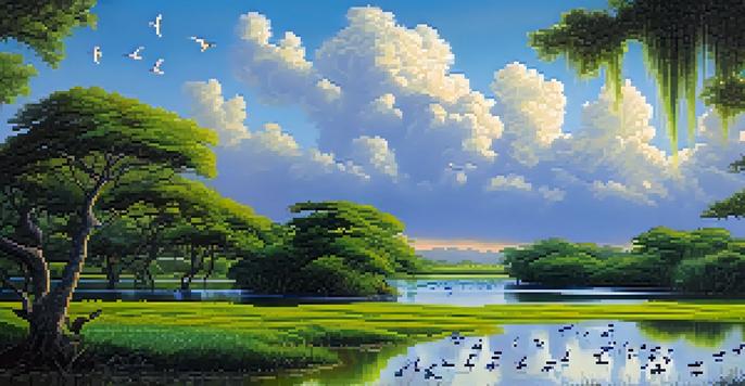 A vibrant scene of the Pantanal Wetlands with lush greenery, water bodies, and colorful birds flying above, while capybaras relax by the water.