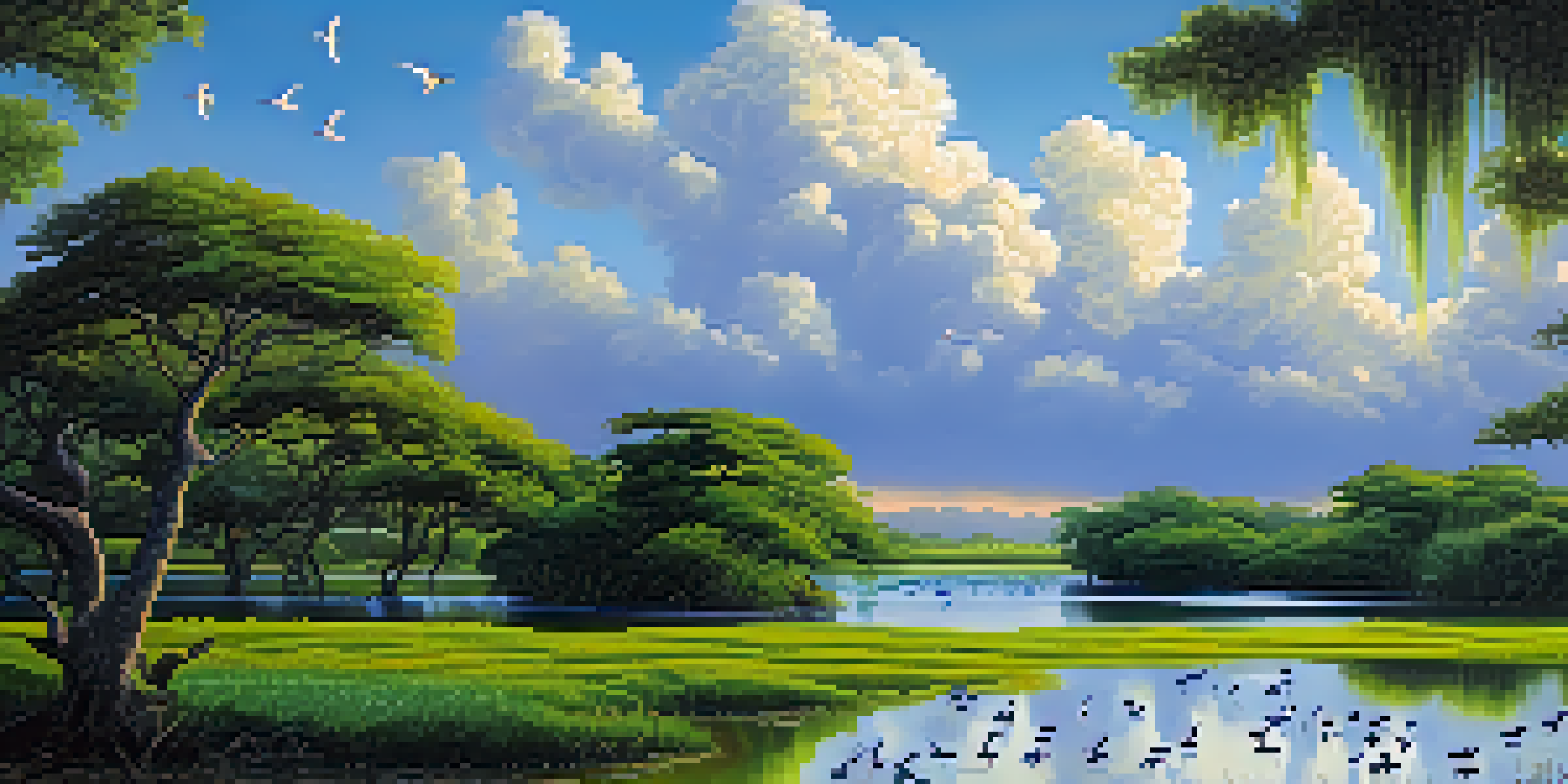 A vibrant scene of the Pantanal Wetlands with lush greenery, water bodies, and colorful birds flying above, while capybaras relax by the water.