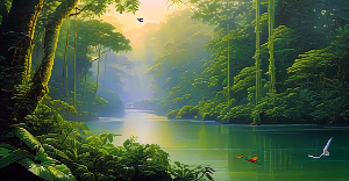 A peaceful scene of the Amazon rainforest at sunrise with trees, a river, and colorful birds.