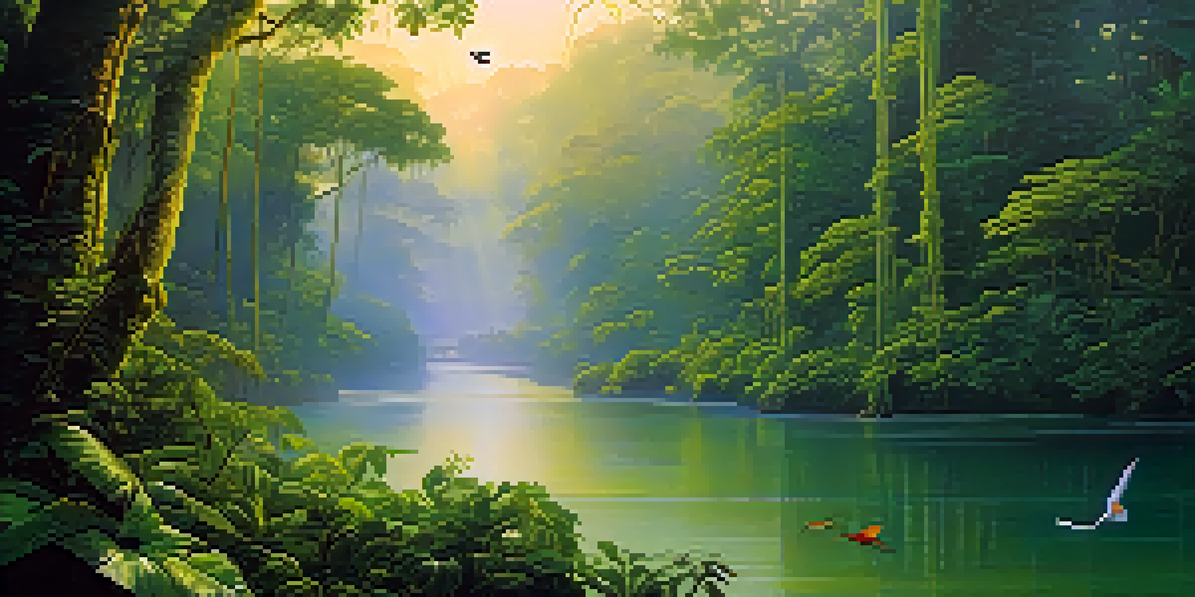 A peaceful scene of the Amazon rainforest at sunrise with trees, a river, and colorful birds.