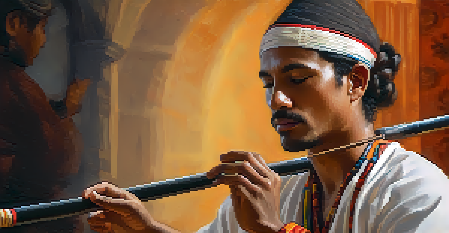 A close-up of a berimbau player in traditional clothing, deeply engaged in playing the instrument, with warm lighting in a cozy setting.