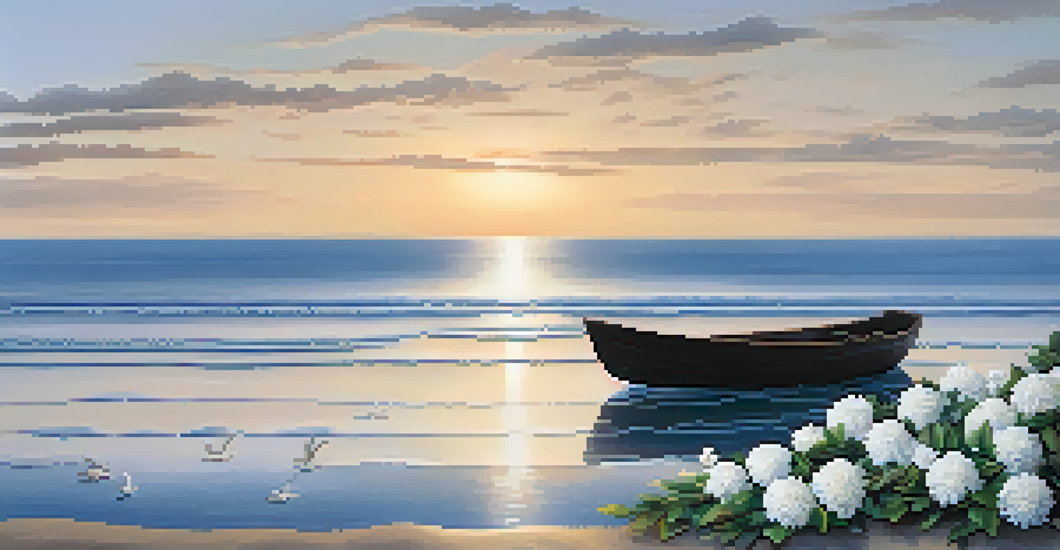 A tranquil ocean scene at dawn with a boat carrying offerings and gentle waves.