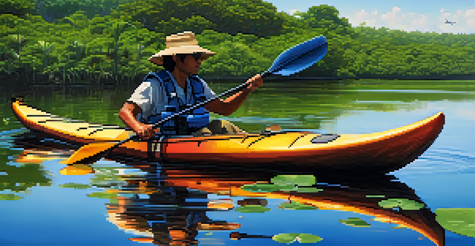An eco-tourist kayaking along a river in the Pantanal wetlands, surrounded by wildlife.