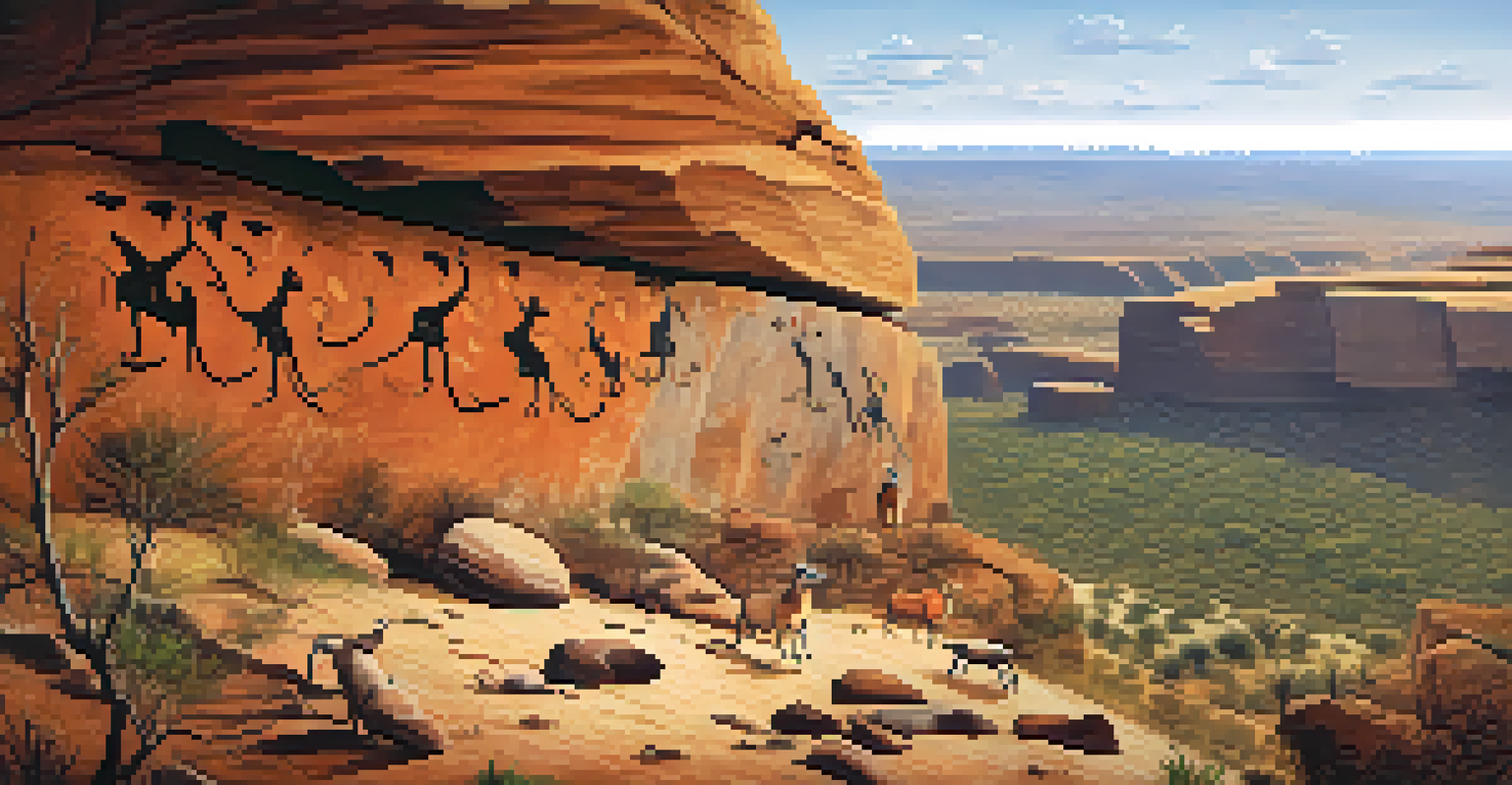 An artistic interpretation of ancient rock paintings in Serra da Capivara National Park, highlighting hunting scenes and animals.