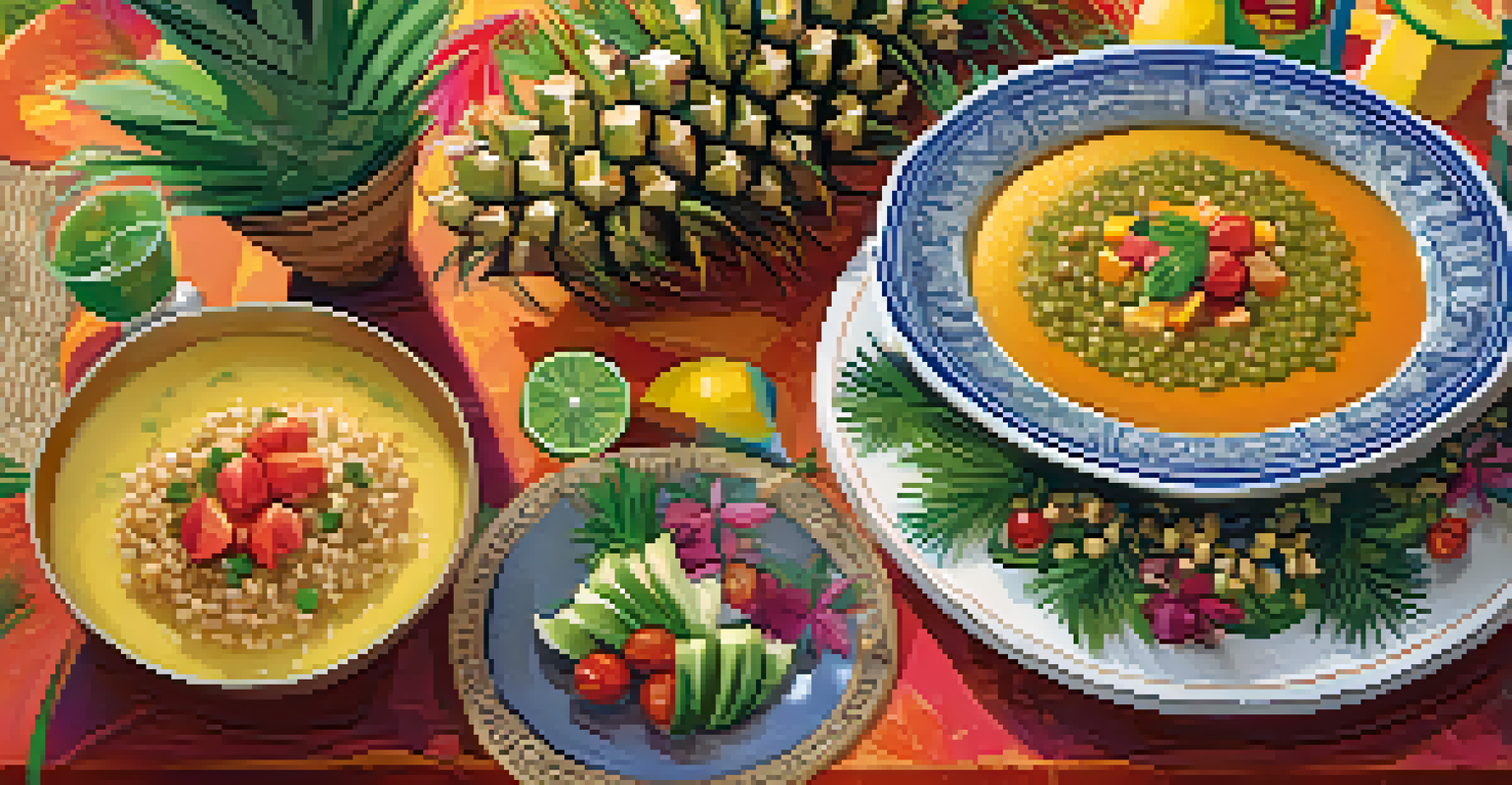 A festive plate of lentil soup, rice, and tropical fruits, showcasing traditional Brazilian cuisine during New Year's Eve.