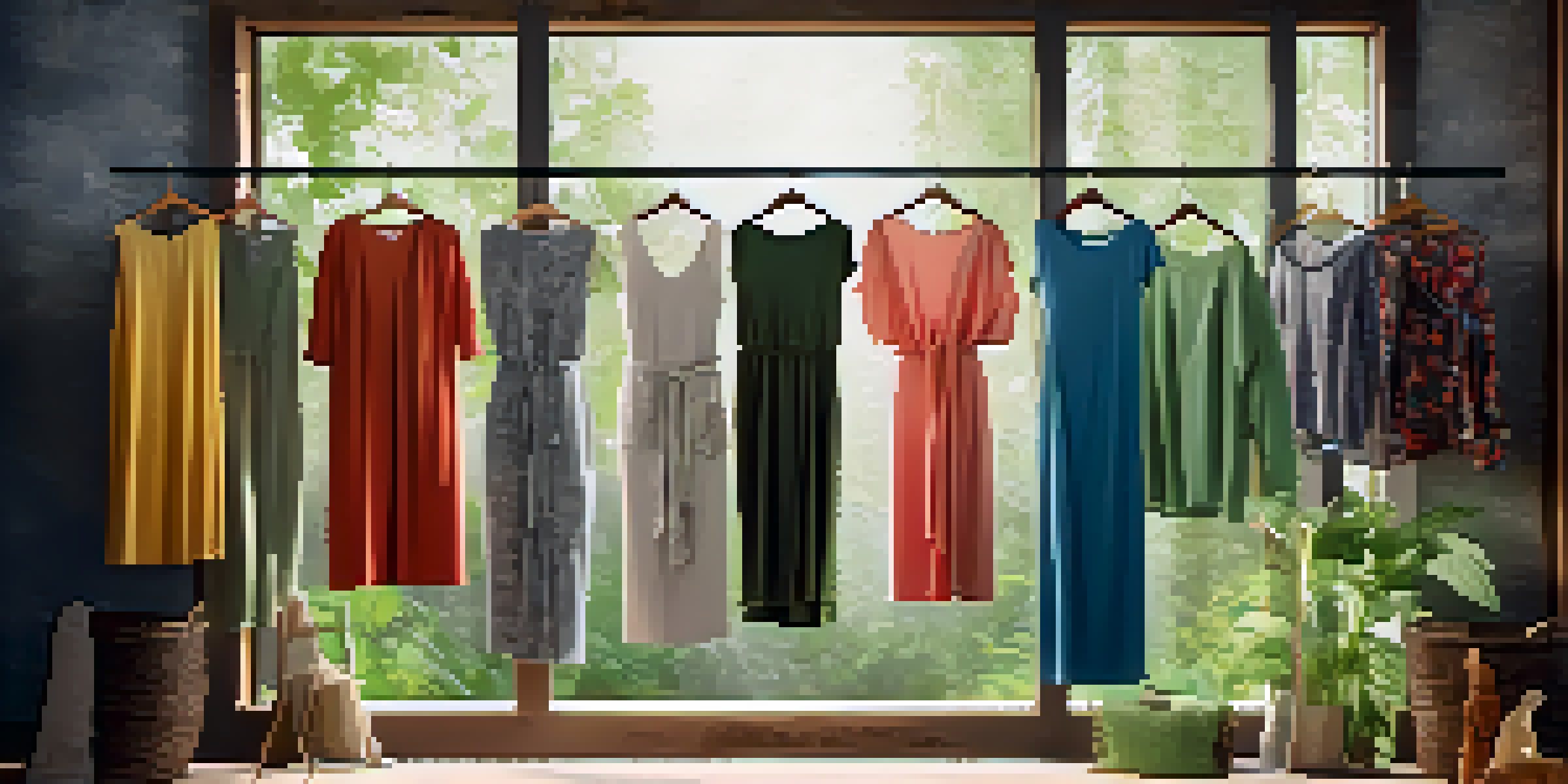 A wooden rack displaying colorful sustainable fashion garments made from eco-friendly materials, with natural light and greenery in the background.