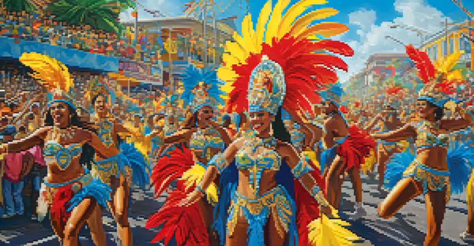 A lively Brazilian Carnival scene with dancers in colorful, elaborate costumes and a festive atmosphere.