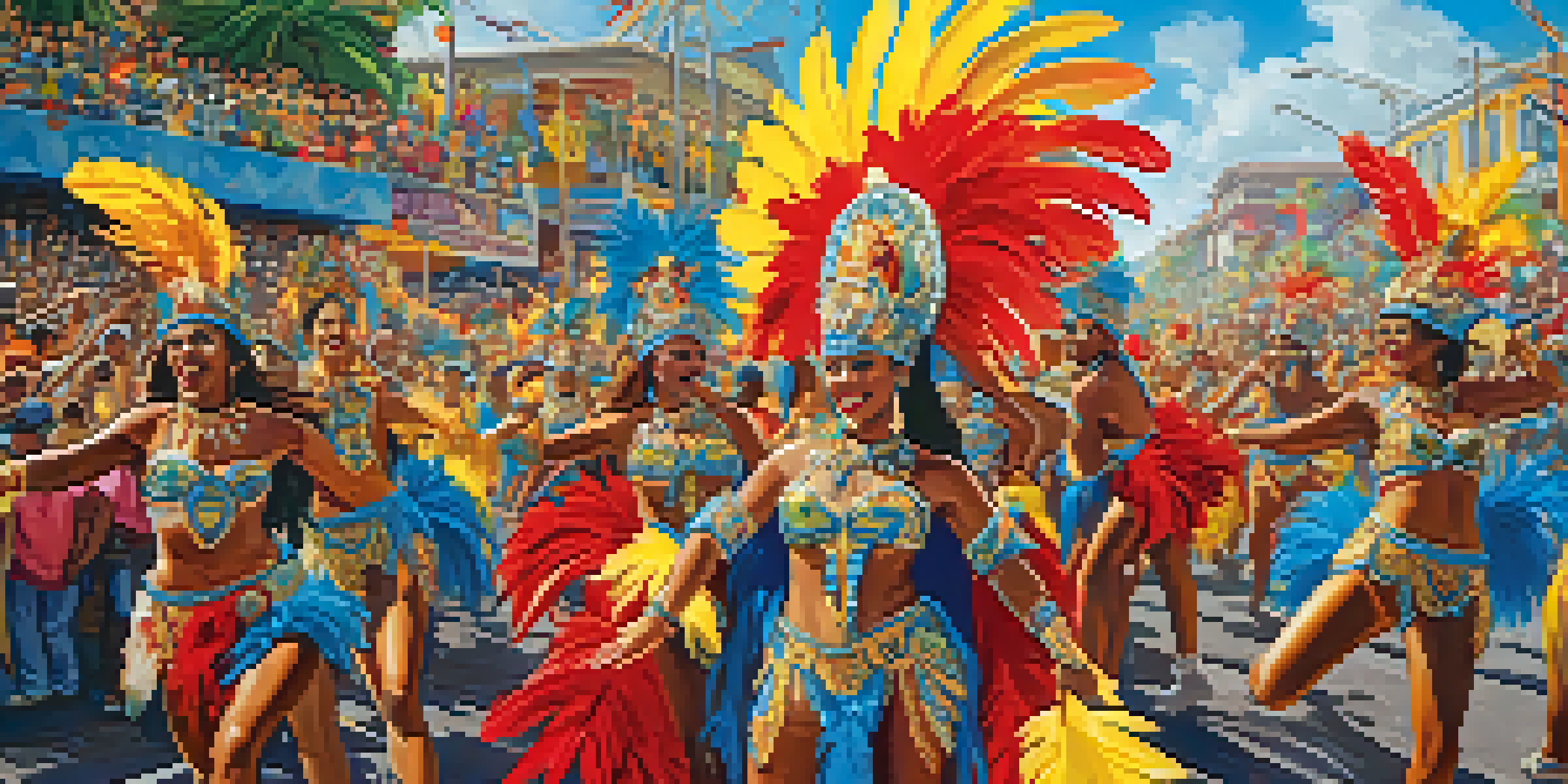 A lively Brazilian Carnival scene with dancers in colorful, elaborate costumes and a festive atmosphere.