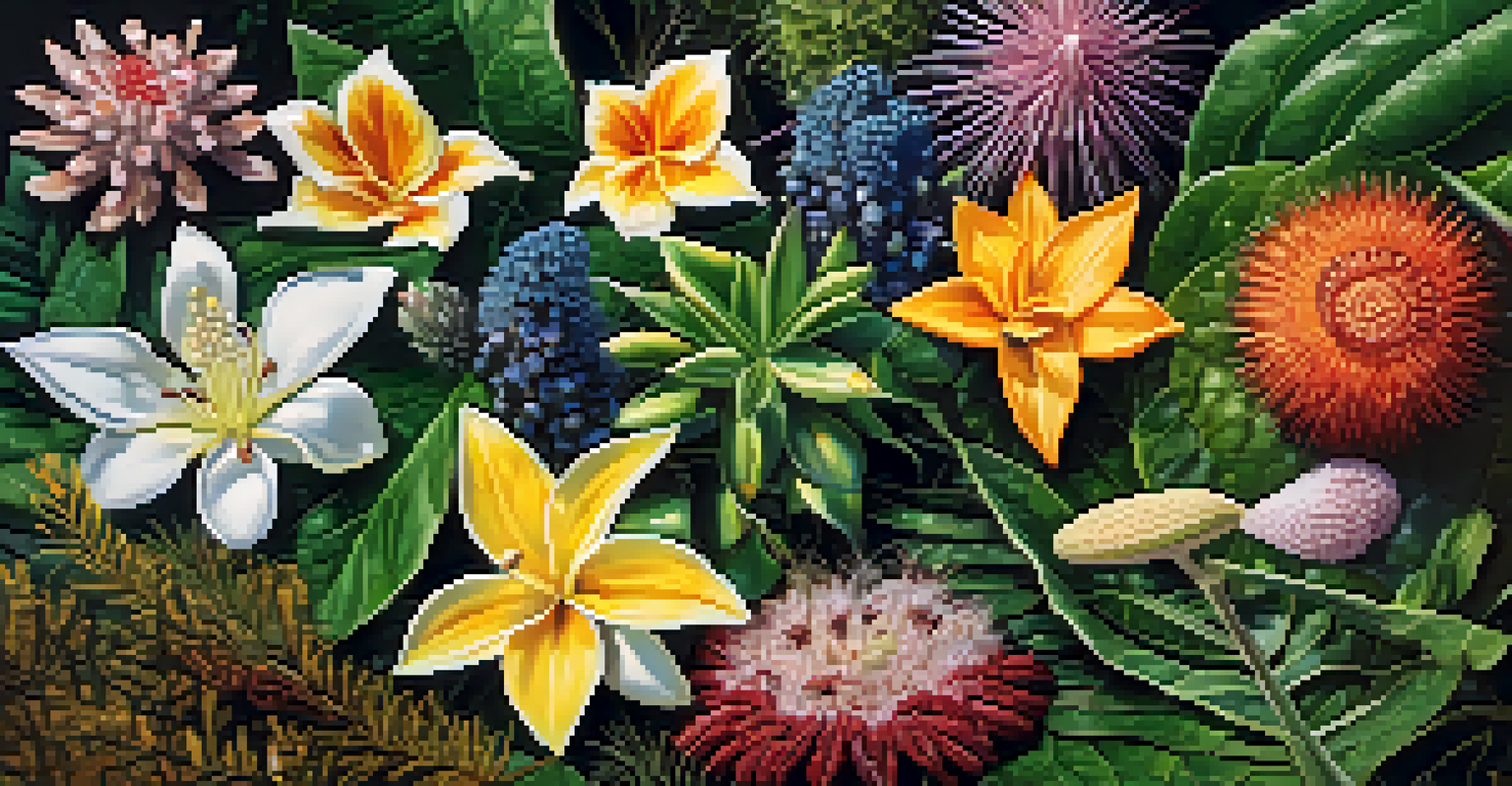 A close-up view of colorful native plants and flowers from the Atlantic Forest with dewdrops glistening in the sunlight.