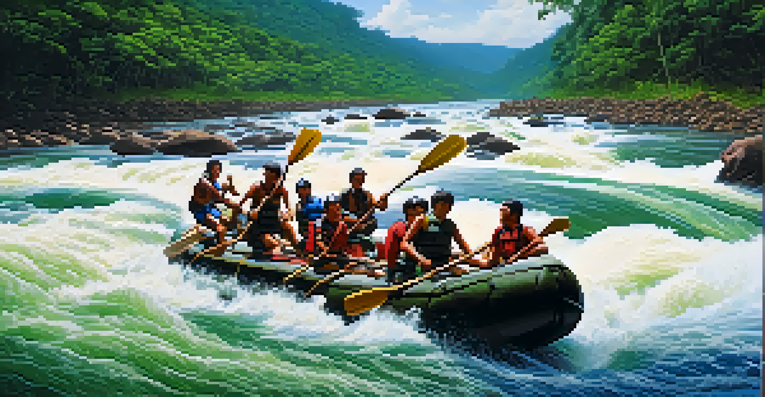 Rafters navigating through powerful rapids on a blue river, surrounded by lush green forest, showcasing the excitement of extreme adventure.