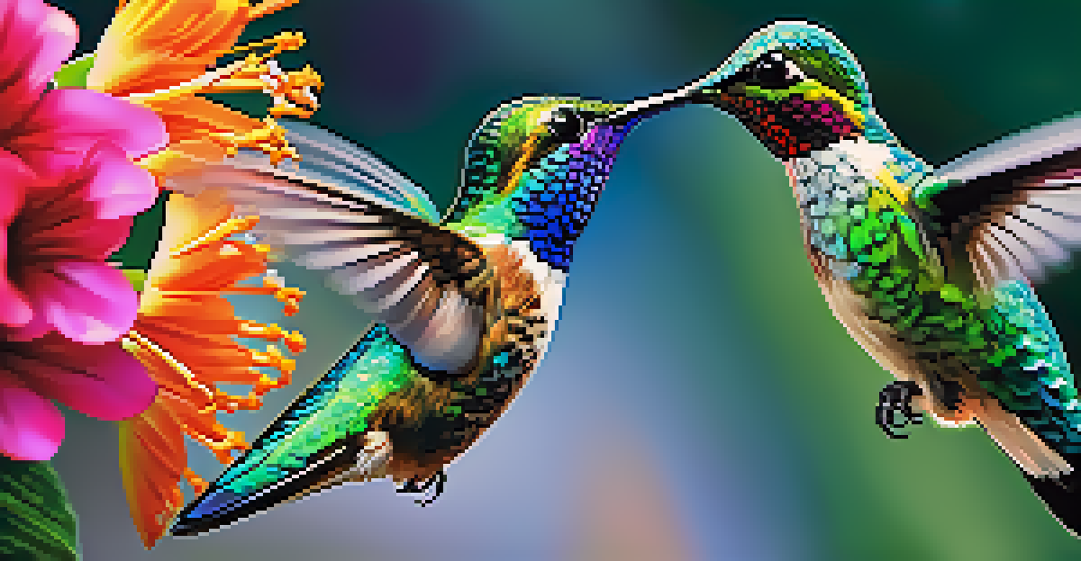 A close-up of a hummingbird hovering near a colorful flower in the Amazon Rainforest, showcasing the bird's iridescent feathers.