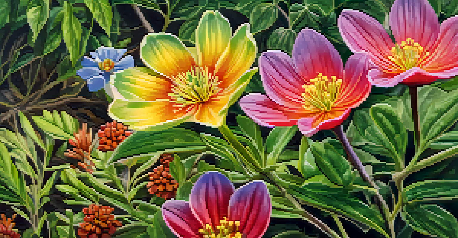 A close-up view of colorful wildflowers and unique plants in Serra do Cipó, showcasing intricate details against a blurred green background.