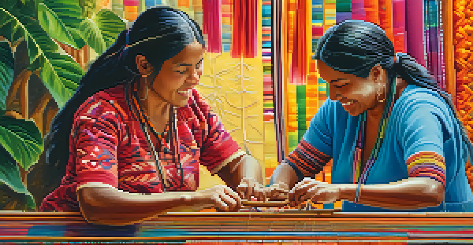 Indigenous women weaving colorful textiles on traditional looms, surrounded by lush greenery.