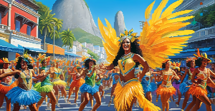 A lively street scene in Rio de Janeiro during Carnaval with dancers in colorful costumes and iconic landmarks in the background.