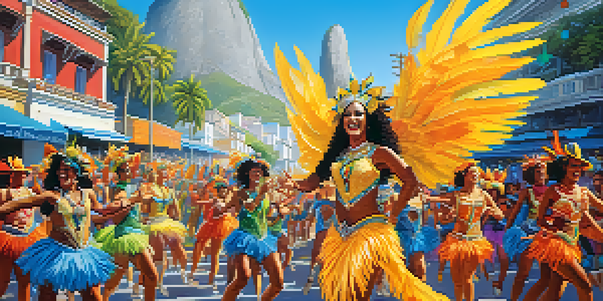 A lively street scene in Rio de Janeiro during Carnaval with dancers in colorful costumes and iconic landmarks in the background.