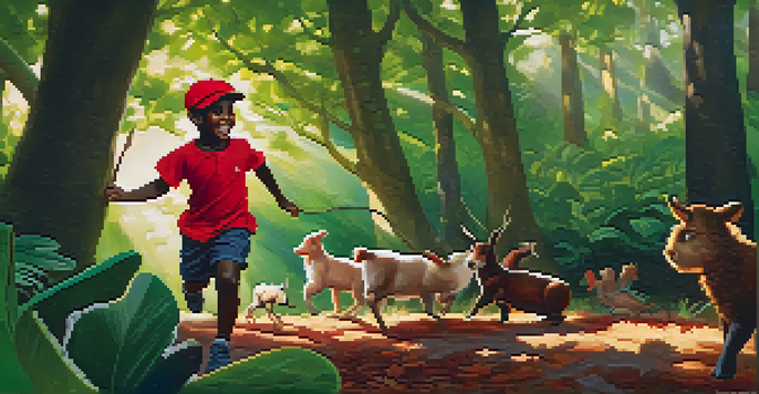A playful scene in a forest with Saci Pererê tying the tails of animals together, surrounded by greenery and sunlight.