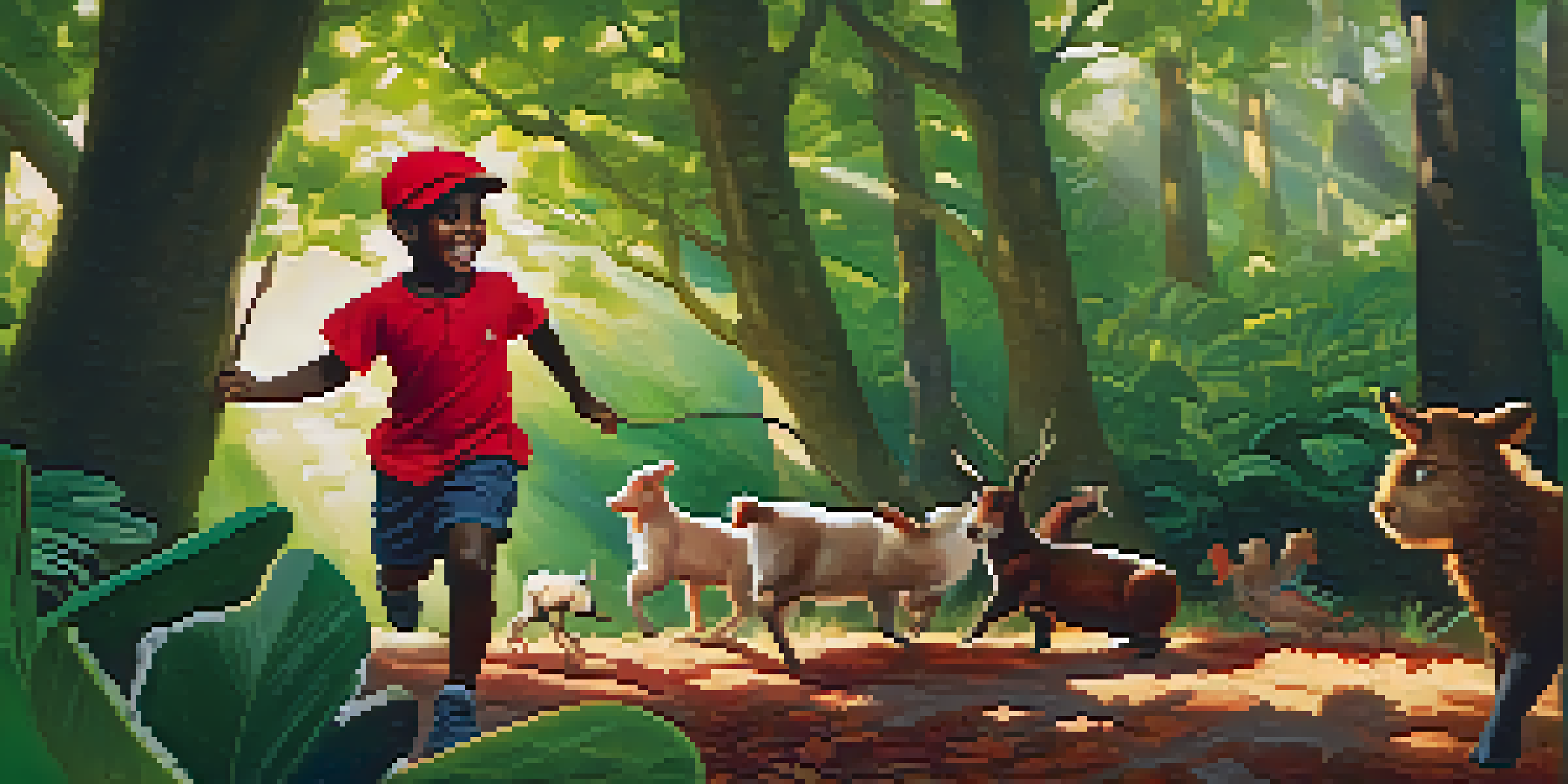 A playful scene in a forest with Saci Pererê tying the tails of animals together, surrounded by greenery and sunlight.