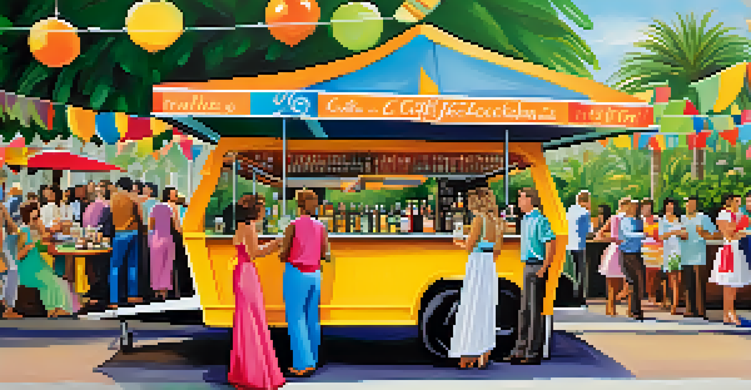An outdoor Brazilian celebration with a coffee cart serving coffee cocktails and guests enjoying the festive atmosphere.