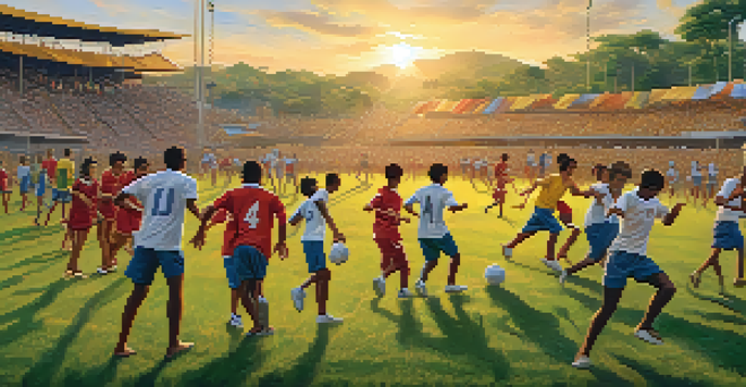 A diverse group of young athletes practicing football in Brazil during sunset, with coaches and supporters in the background.