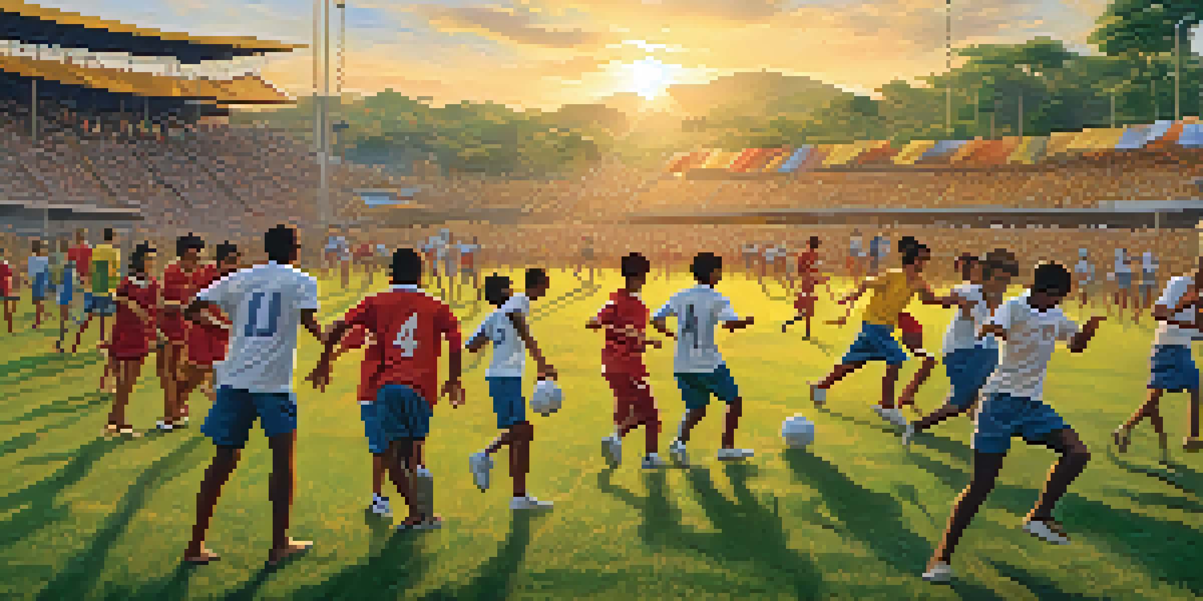 A diverse group of young athletes practicing football in Brazil during sunset, with coaches and supporters in the background.