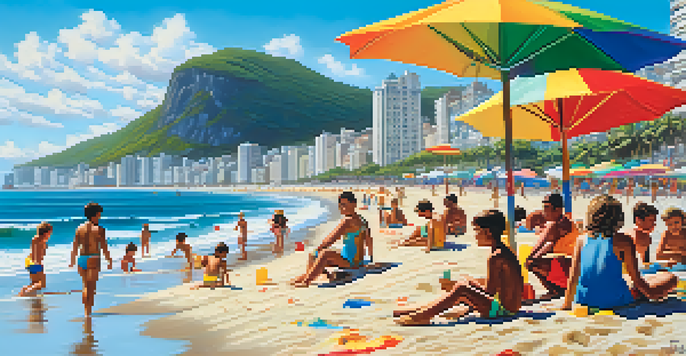 A lively beach scene with families enjoying time at Copacabana, children building sandcastles, and parents relaxing under umbrellas.