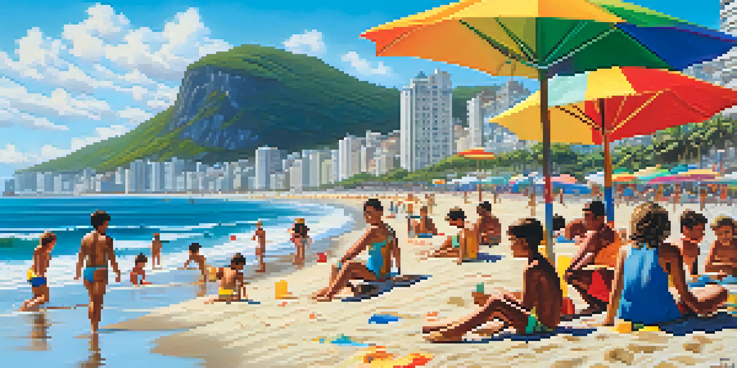 A lively beach scene with families enjoying time at Copacabana, children building sandcastles, and parents relaxing under umbrellas.